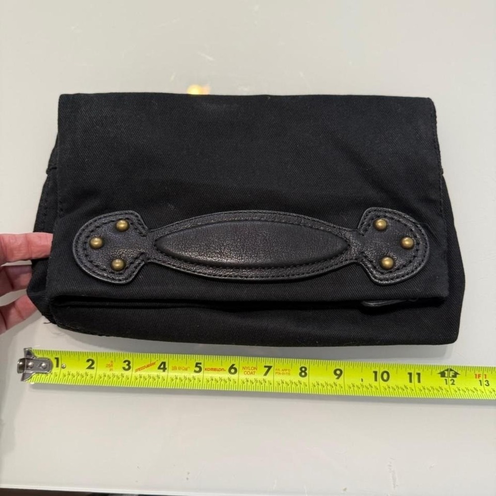 Vintage Black leather and‎ canvas fold over clutch bag with gold hardware
